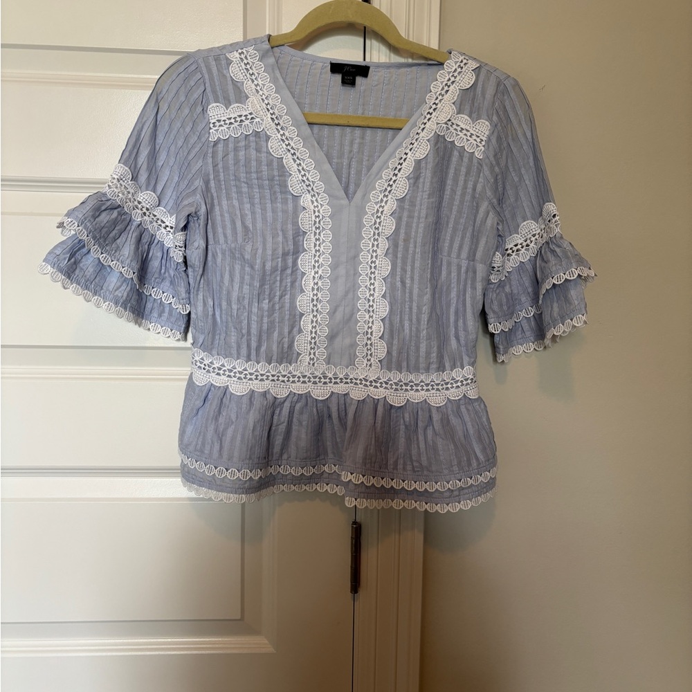 J. Crew Blue and White Flutter Sleeve Peplum Blouse